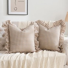 2 Pack Taupe/Brown Plaid Ruffle Throw Pillow Covers Farmhouse Checkered Chic