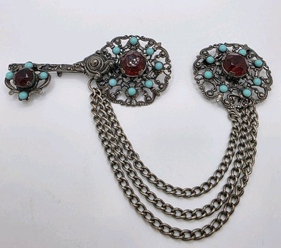 Rare Vintage 2-Piece Purple & Blue Large Brooch Key Plus Pal, Prong Set