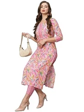GoSriKi Women's Cotton Blend Floral Straight Kurta with Pant (Pahal-GS_Pink_XL)