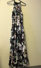 Ladies BEBE Maxi Sundress Ruffle Size 2 Black Purple Green White Floral