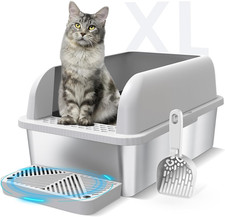 Extra Large Stainless Steel Litter Box with Lid, High Sides Enclosed Cat Litter