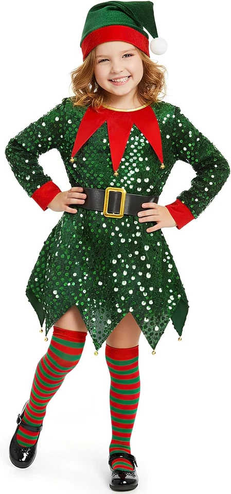 Christmas Elf Costume for Kids Santa Little Helper Costume Elf Dress Suit for Gi - Image 3 of 4
