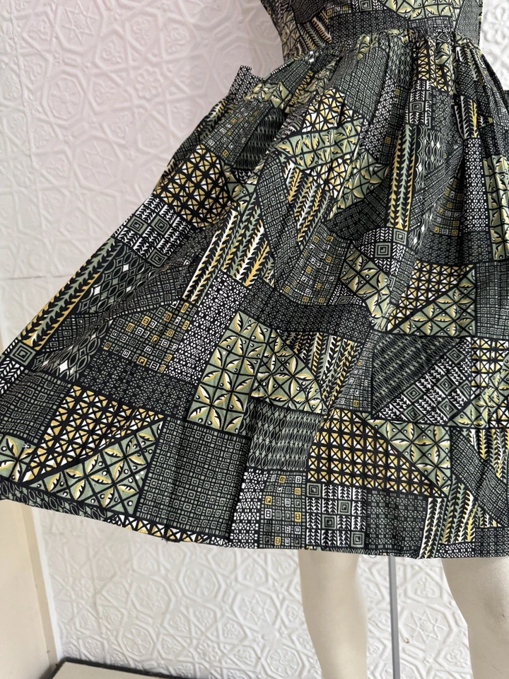 Vestido de día vintage años 50 estampado en bloques-vestido de verano-vestido de algodón-verde Foto 4 de 4