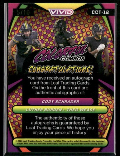 2024 Leaf Vivid #CCT-12 Cody Schrader Luther Burden Theo Wease Yellow AUTO #5/10 - Picture 2 of 2