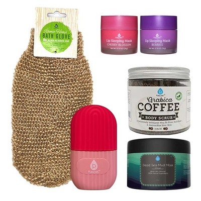 Self Care Night Bundle: Lip Masks, Dead Sea Mud Mask, Ice Roller, Bath Glove & C