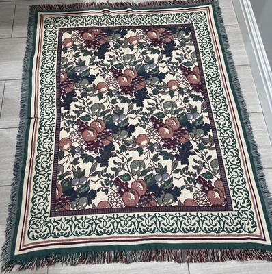 Vtg Crown Crafts Tapestry Throw Blanket Fruit Vines Fringe USA