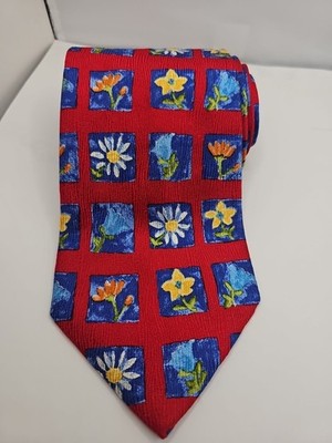 Paul Frederick Silk Neck Tie Red Blue Yellow Floral Hand Made Italy 3.75 x 60
