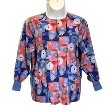 Fundamentals Scrub Jacket Womens Size Medium Blue Pink Floral SnapUp Long Sleeve