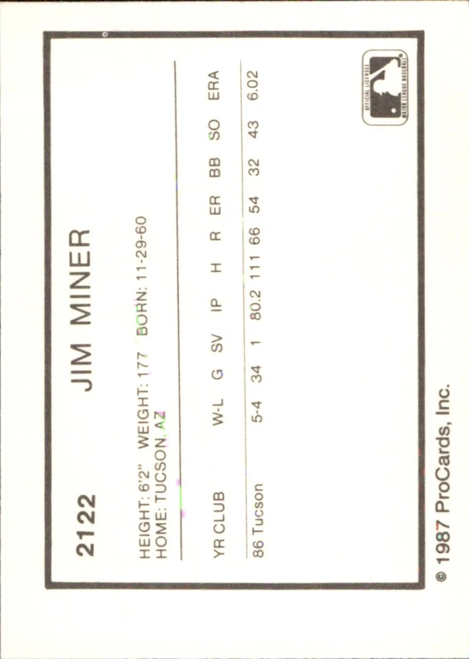 Jim Miner 1987 ProCards #2122 RC Tucson Toros *AutographDen* - Image 2 of 2