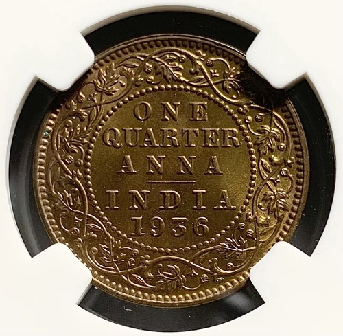 1936 British India 1/4 Quarter Anna Copper Coin - NGC MS66 RB - Picture 2 of 4