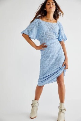 NEW FREE PEOPLE Sz S LIBBY LACE MIDI DRESS PASTEL BLUE | eBay