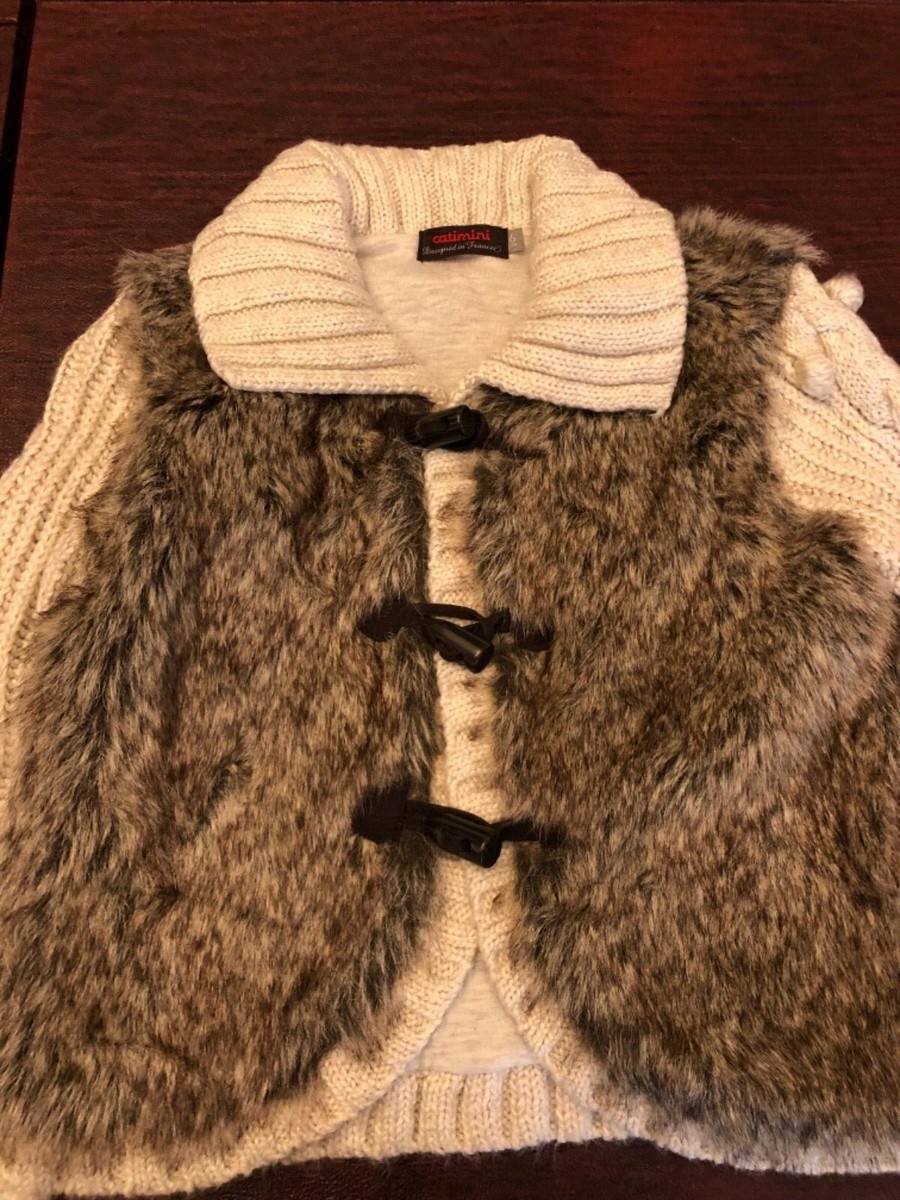 Pull Fille Catimini Taille 6 - Marron Avec Fourrure - Câble Tricot - Occasion Très Bon État