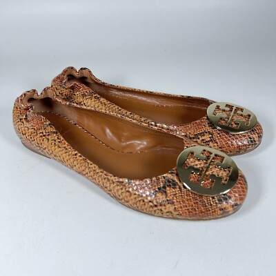 RARE Colorway! Tory Burch Reva-Doria Dune Gold Snake Print Ballet Flats w Logo