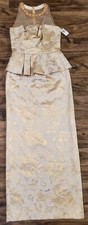 $628 David Meister Women Size 6 Sleeveless Illusion Peplum Gown Dress Gold Cream
