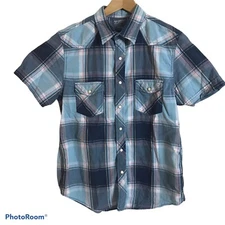 Arizona Jean Company Shirt Mens Medium Pearl-Snap Blue Plaid Western