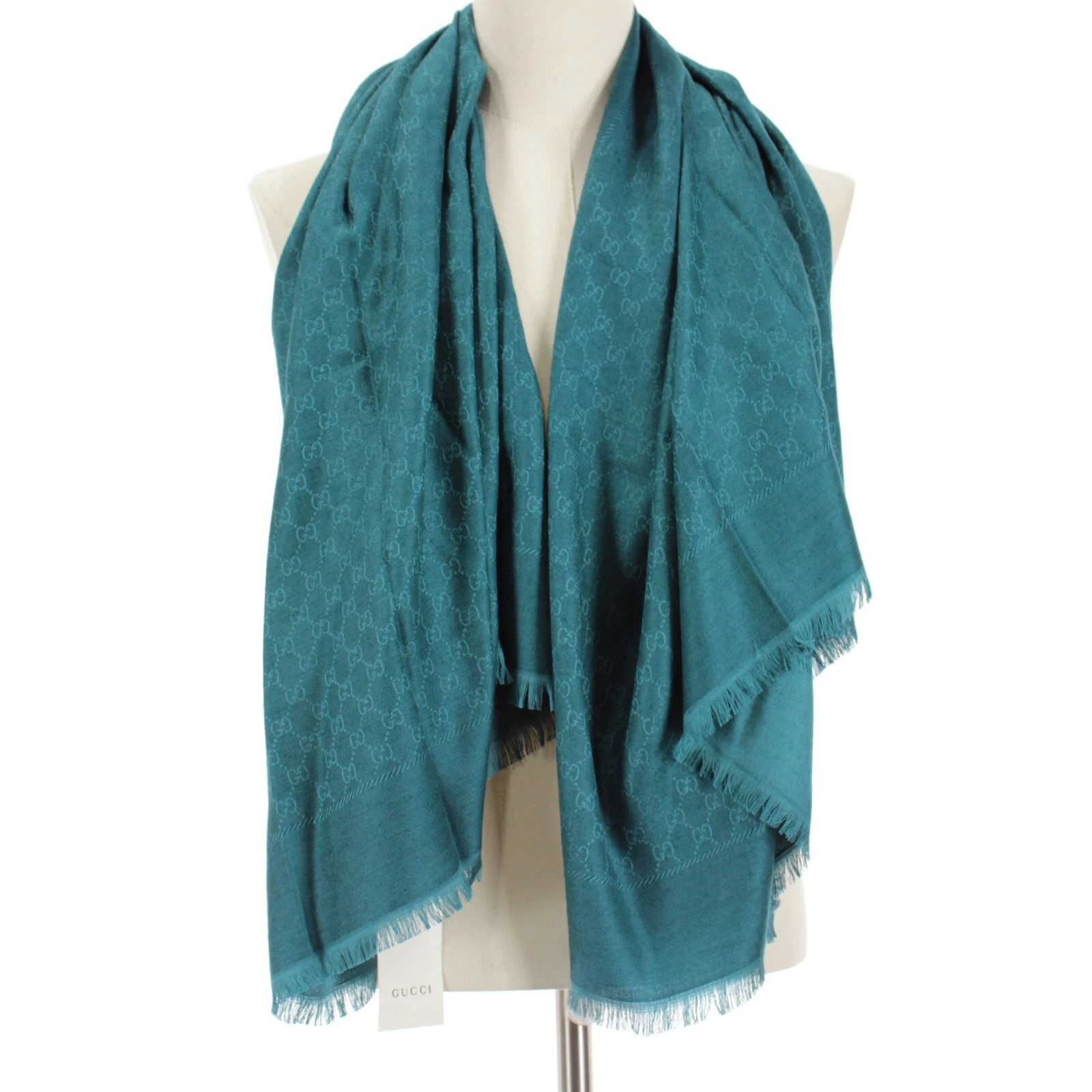 Foulard carré Gucci neuf avec étiquette 100% cachemire monogramme bleu sarcelle fabriqué en Italie