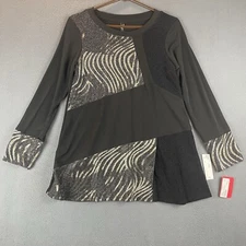 VTG Fashque Studio Top Tunic Sz M NWT Black Silver Stretch Pullover Abstract