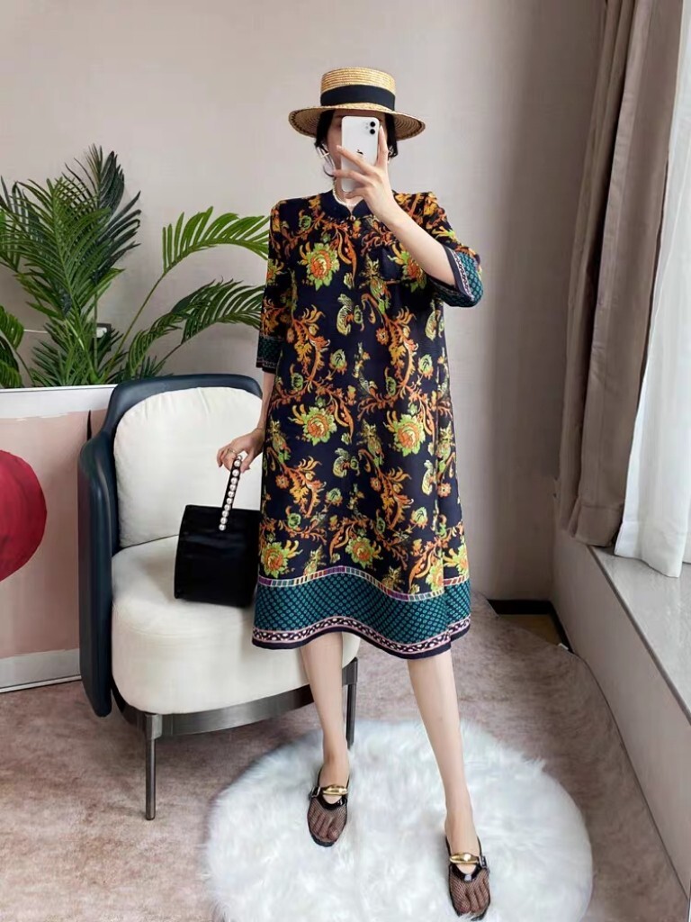 Pleats Please Issey Style Pleated A-Line Dress with Colorful Floral Print