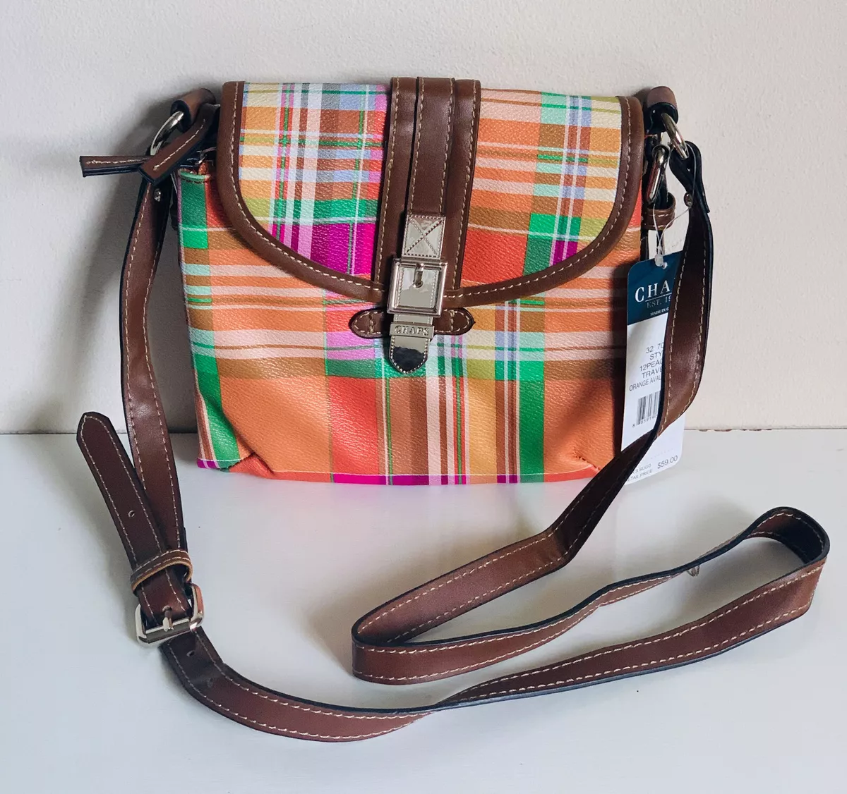 CHAPS RALPH LAUREN TRAVELER ORANGE AVALON MADRAS CROSSBODY SLING
