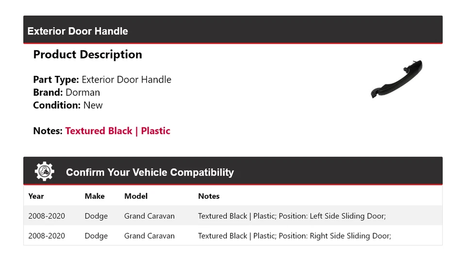 Manija de puerta exterior para Dodge Grand Caravan Dorman 2008-2020 2009 2010 2011 Foto 2 de 4
