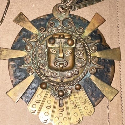 Vtg Mexico Mixed Metals Copper Brass Aztec Mayan Sun Face Mask Pendant Necklace