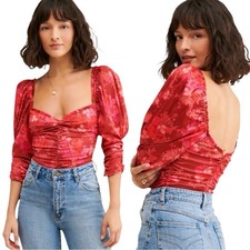 For Love Lemons Monet Ruched Bodysuit Red Pink Floral Women s Size Small