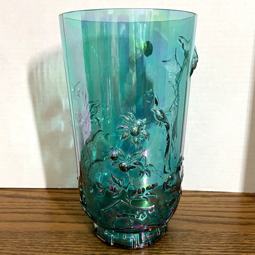 Vintage 1980s Fenton Glass 9" Mandarin Vase 8251 Iridescent Blue Asian Theme - Picture 5 of 10