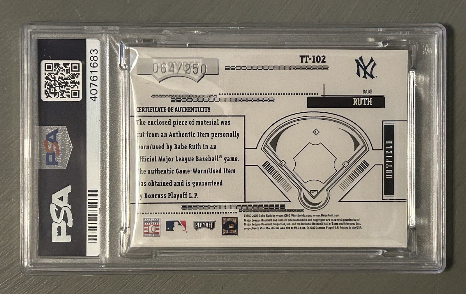 2005 Playoff Absolute Memorabilia BABE RUTH Tools of the Trade Bat #/250 PSA 10 view 2
