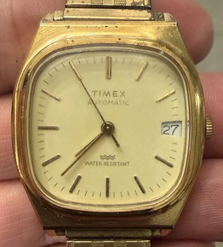 VINTAGE Timex Automatic Watch E-LINE T22 Gold And White Face - WORKS! RARE!
