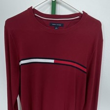 Tommy Hilfiger Men's Logo Pullover Sweater Red Striped Crew Neck Knit Size M