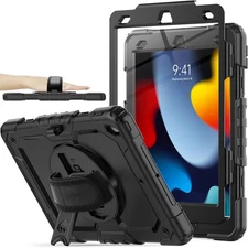 For iPad 10.2 9th 8th 7th Generation 360 Rotating Rugged Strap Stand Case Cover