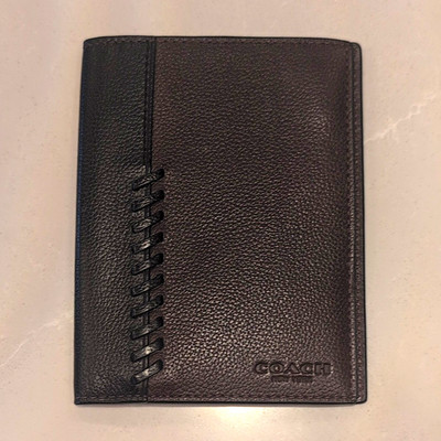 Coach Men's Black & Brown Leather Passport Wallet Bifold Laced Stitch Logo