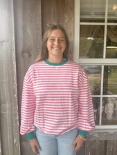 Pink And White Comfortable Crew Neck Striped Color Contrast Pullover Sweatshirt
