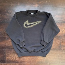 Nike Crewneck Sweatshirt Youth Medium Black Gold Glitter Swoosh Long Sleeve