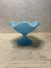 Vintage Fenton Ruffled Milk Glass Powder Blue Pedestal Dish