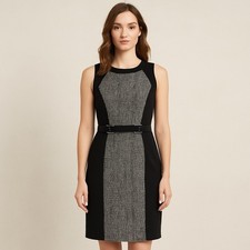 White House Black Market Sheath Dress 6 Black White Tweed Belted Work Office