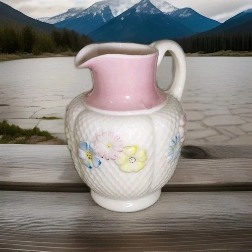 Antique Cosmos and Daisy Milk Glass Pitcher Hand Painted Florals 9"
