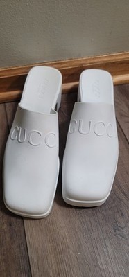 Gucci Logo Rubber Platform Heel Clogs Mules Slip On 725899 White