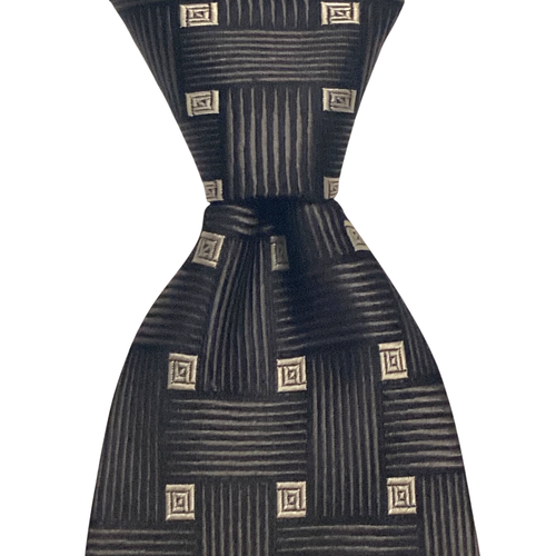 PIERRE CARDIN Men's Silk Necktie Designer Geometric WEAVE Black/Gray EUC