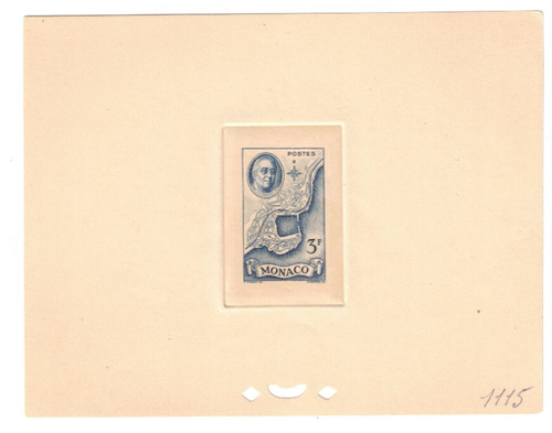 1946 Monaco FDR Roosevelt Stamp Color Proof Scott 202 3f Blue