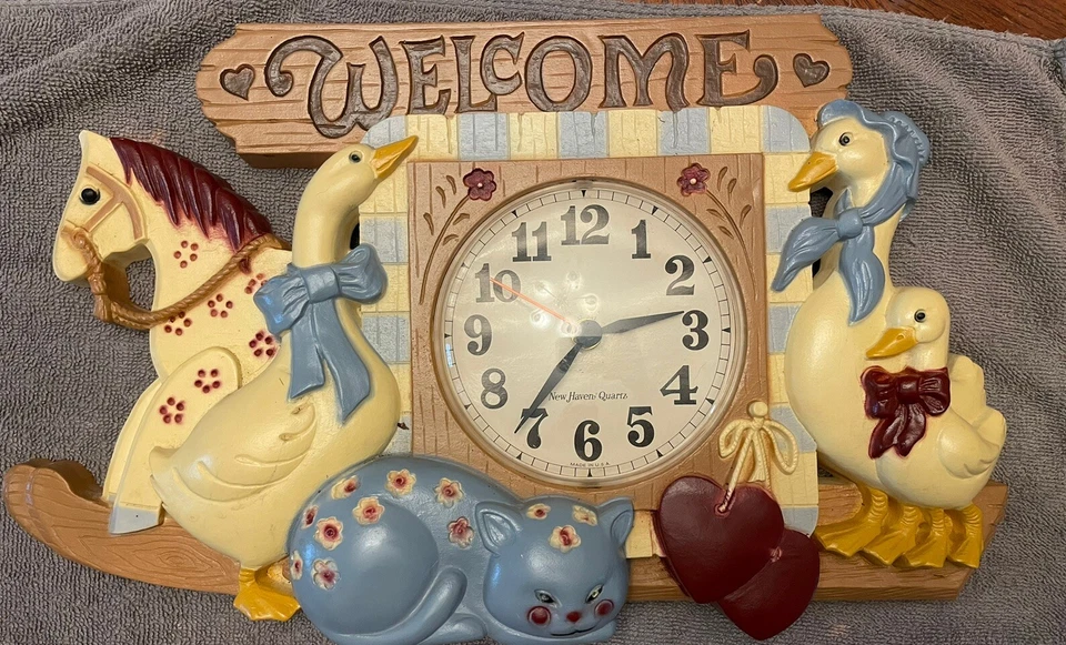Reloj de Pared Vintage Burwood Homco New Haven “Bienvenido” Gansos Gato Caballo Diseño EE. UU. Foto 2 de 4