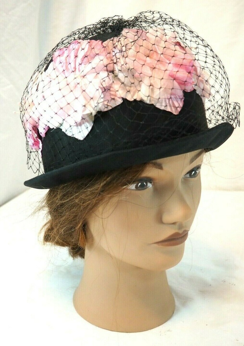 Vintage Ladies Mesh Derby Style hat with pink flowers and  display picture 3