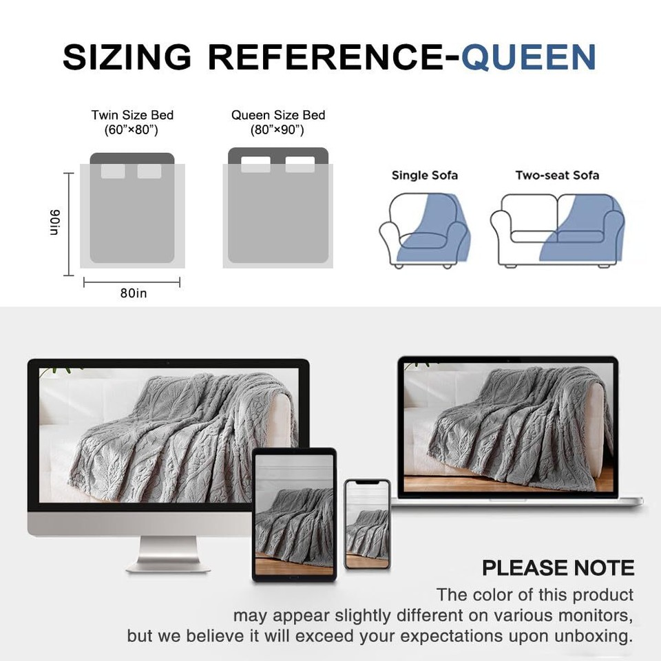 Light Grey Fleece Throw Blanket for Couch Sofa Bed Super Soft Queen