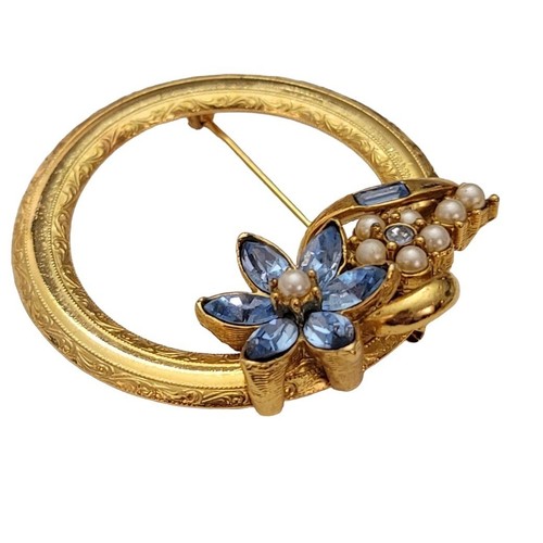 Vintage Gold Tone Open Round Blue Rhinestone Faux Pearl Flower Brooch Pin E631 - Picture 3 of 10