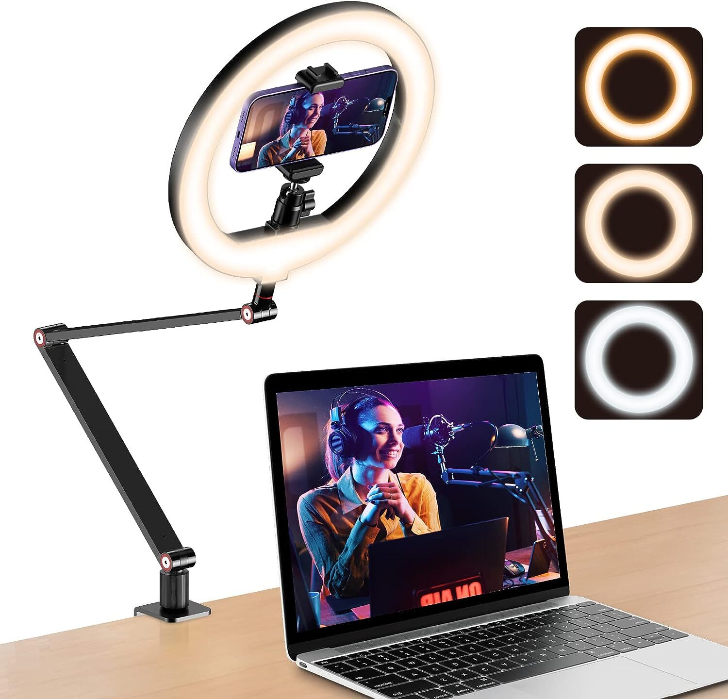 USB 10' Ring Light for Desk with Stand and Phone Holder Ring Light