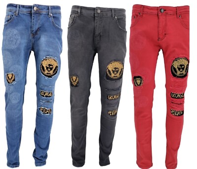 Georgio Peviani Denim Jeans Mens Printed Designer Stretch Slim Ripped Distressed