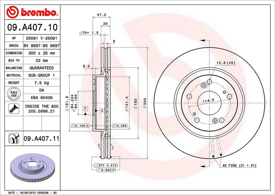 Rotor de freno de disco delantero Brembo 09.A407.11 300 mm para Honda Civic Si 2006-2011 Foto 2 de 3