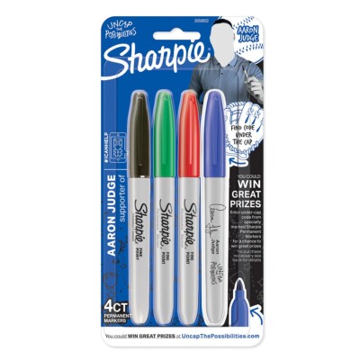  Sharpie Sanford Permanent Marker Fine  Pt Tip  4 Asst Colors Aaron Judge  New