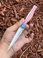9" HANDMADE FORGED DAMASCUS STEEL HUNTING DAGGER BOOT KNIFE AMERICAN FLAG  x128