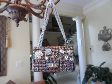 New Un-Branded Black/Red Multi Color Tweed Shoulder Bag w/Front Embellish Medium